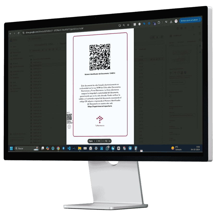 Pantalla de computadora mostrando documento firmado electrónicamente con código QR, ejemplo de servicios de notaría online.